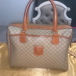 Celine Coated Canvas Macadam Boston Bag Tan and Brown with Geometric Pattern EUC